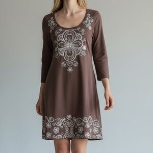 Johnny Was Embroidered Boho A-Line Tunic Dress - Brown - Size Medium